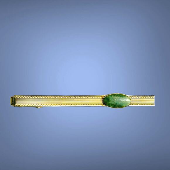 Vintage Anson Tie Clip Bar Gold Tone 12K GF Green Stone MCM 3 Inches Long - Picture 1 of 11